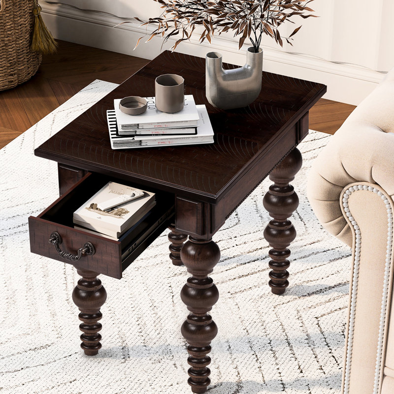 - Table de bout en bois massif de couleur avec tiroir, idéale pour le côté ou le chevet, placage de table, conception unique des pieds, installation de chevet avec tiroir à installation rapide et facile, table étroite rétro, pieds de conception à bulles, rangement