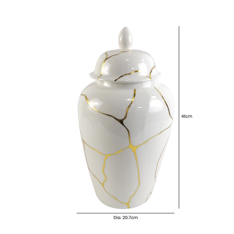 Medon Ceramic Ginger Jar with Lid for Living Room, Luxury Cracked Design Home Decor, 41cm H x 21cm W x 21cm D