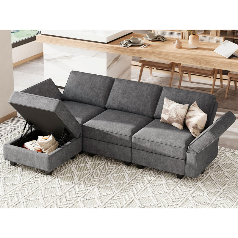 Nakash L-Shaped Sectional Modular Sofa with Storage Ottoman, Light Gray Microfiber