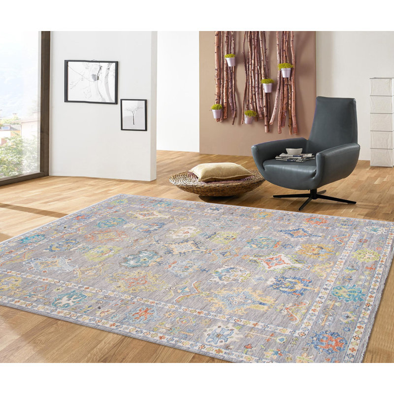 Tapis oriental gris / bleu / orange en laine noué à la main 9 pi 11 po x 14 pi 1 po Oushak