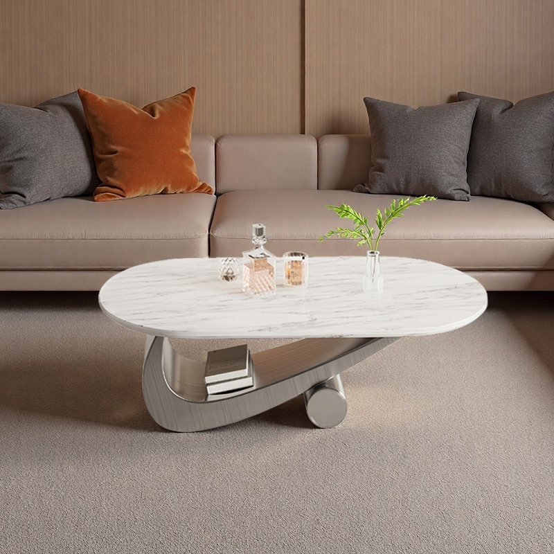 Table basse moderne minimaliste ovale en marbre, Gris, H 17,7 po x L 51,2 po x l 27,6 po