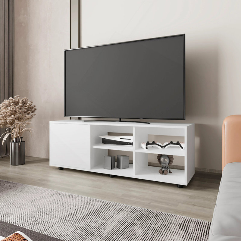 Meuble télé blanc avec porte et rangement ouvert, Blanc