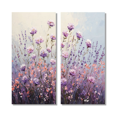 Wildflower Morning Dew In Lavender Field - Wildflowers Wall Art Wall Art For Living Room, Purple Floral Canvas Print Set Of 2