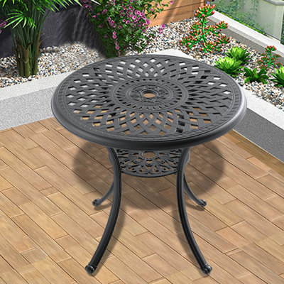 30.71-inch Cast Aluminum Patio Dining Table with Black Frame, Umbrella Hole, and Weather-Resistant Coating for Outdoor Use