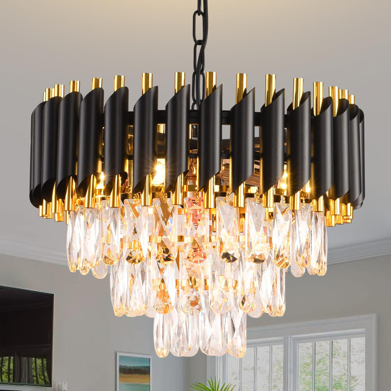 Modern Tiered Crystal Chandelier, Gold/Black, 15.7", E14 Base (No Bulb), Black/Gold