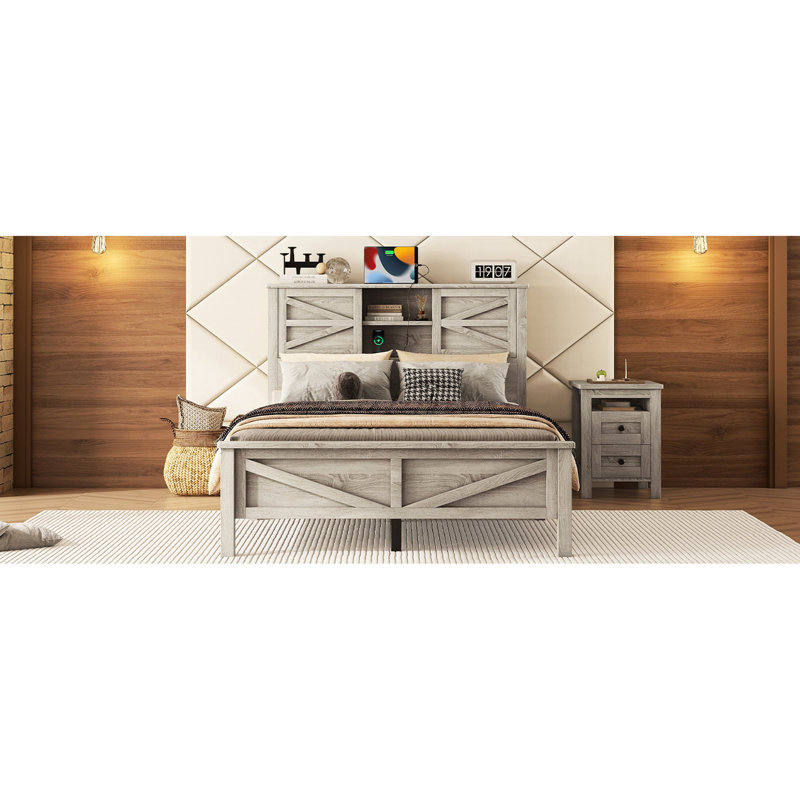 Lit plateforme rustique avec tête de lit à double porte coulissante et prise de charge, support à lattes de bois, structure, bois, base