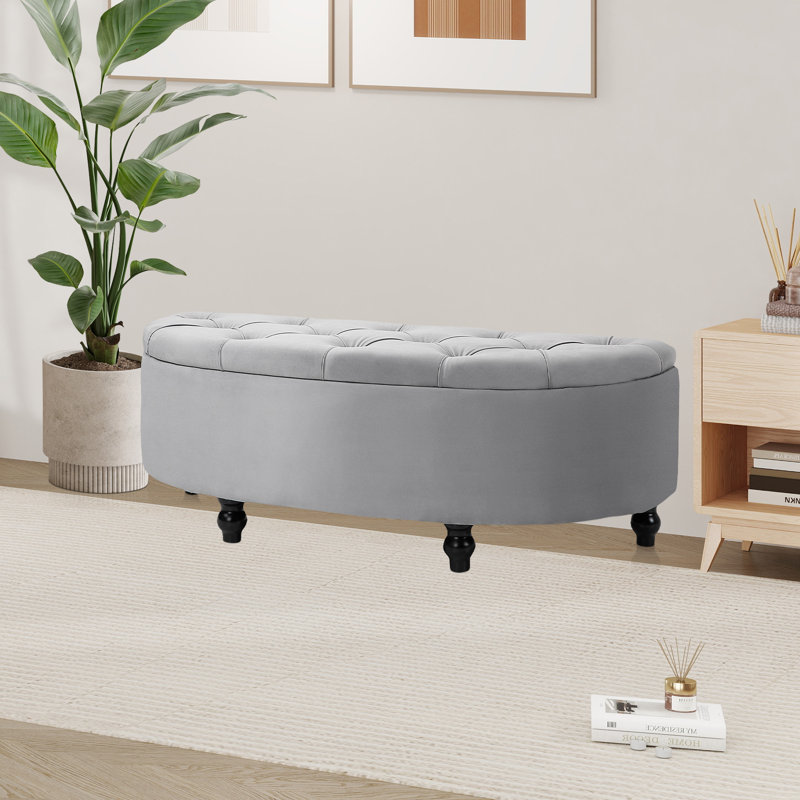 Velvet Upholstered Bench with Flip Top, Light Grey