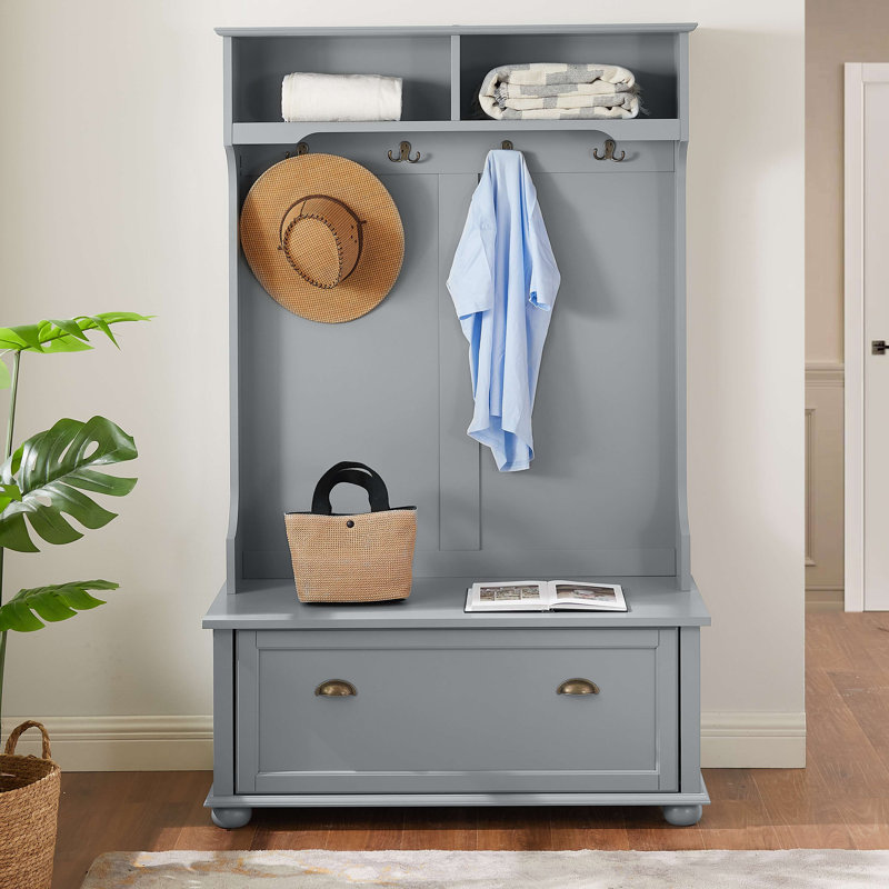 Modern Classic Hall Tree With Shoe Rack Bench And Coat Hooks For Hanging Storage, Entryway Bench With Open Shelves And Shoe Cabinets