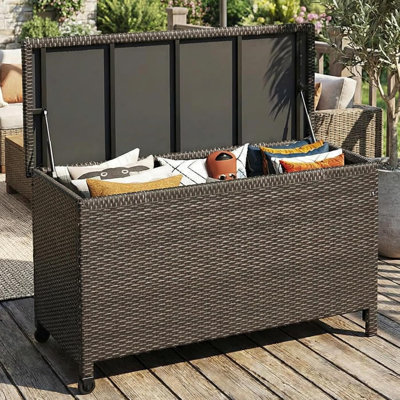 Medium Outdoor Wicker Storage Box, PE Rattan Patio Storage Chest with Steel Frame, Compact Deck Storage Box for Cushions, Toys & Outdoor Essentials – Brown