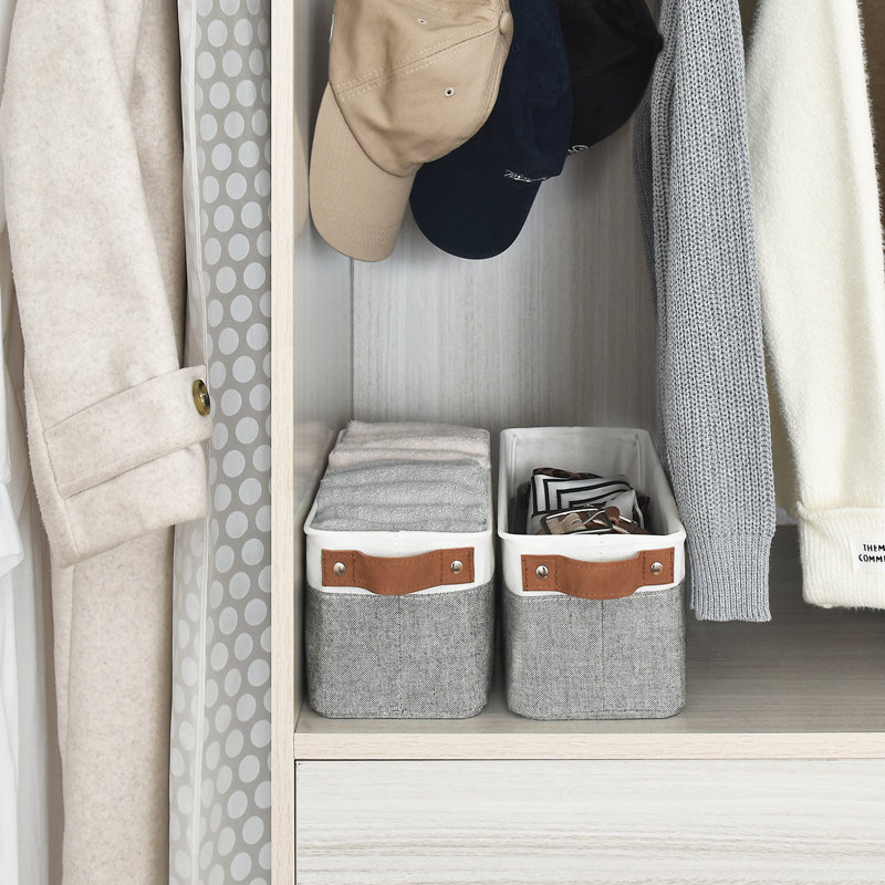 Narrow Storage Bins With Handle, Small Fabric Organizer Basket for Closet and Shelf, Gray/White, Gray/White