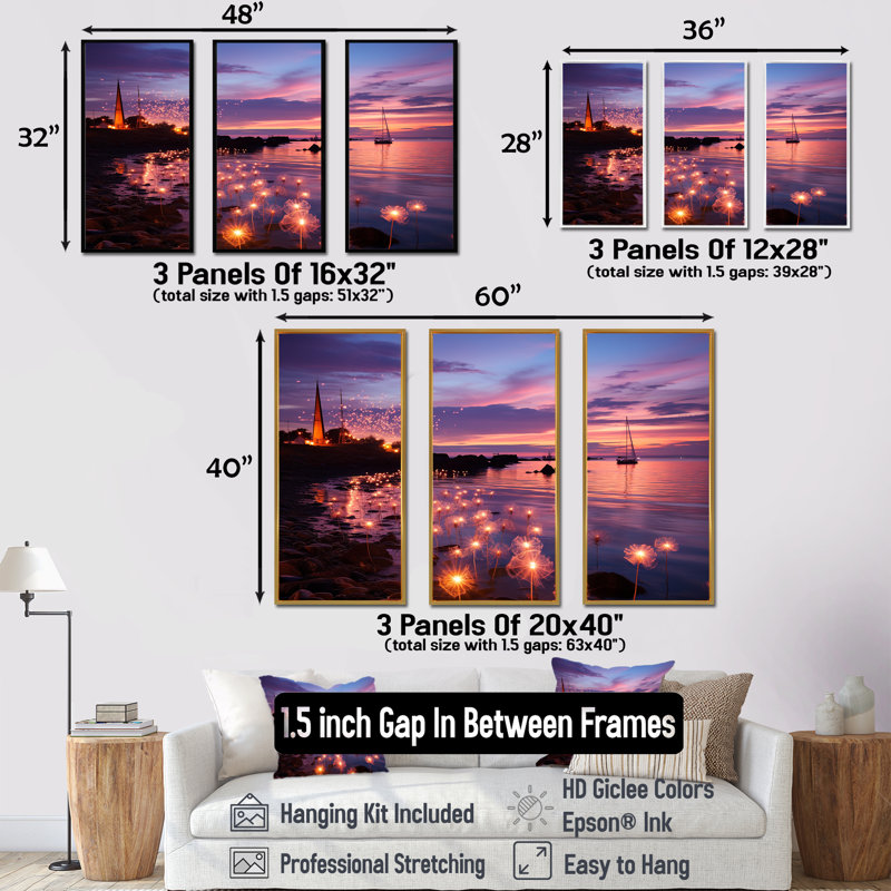 Coucher de soleil sur la plage florale II - art mural plage, Cadre flottant doré, H 32 po x l 48 po