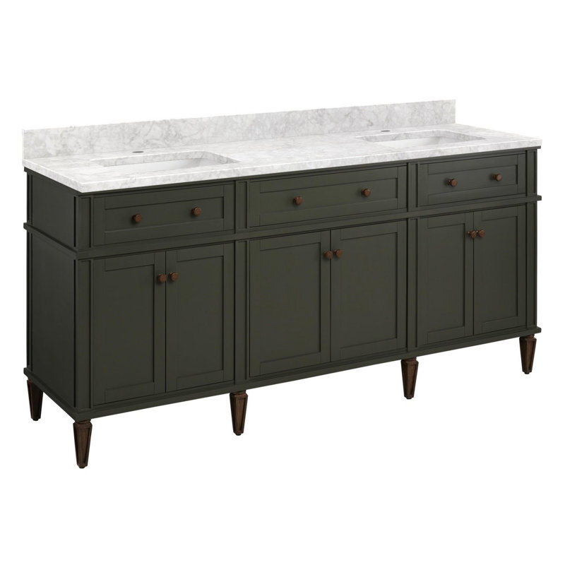 72" Elmdale Double Vanity for Rectangular Undermount Sinks, Dark Olive Green, Single-Hole, Carrara Marble