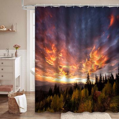 Dramatic Sundown Mountain Autumn Landscape Shower Curtain with 12 Hooks