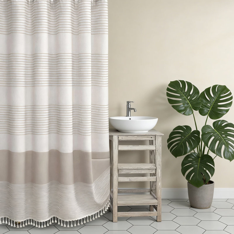 Farmhouse Shower Curtain With Linen Texture And Decorative Tassels, Rustic Style Bathroom Decor With Rust-Resistant Grommets, Easy Care Fabric