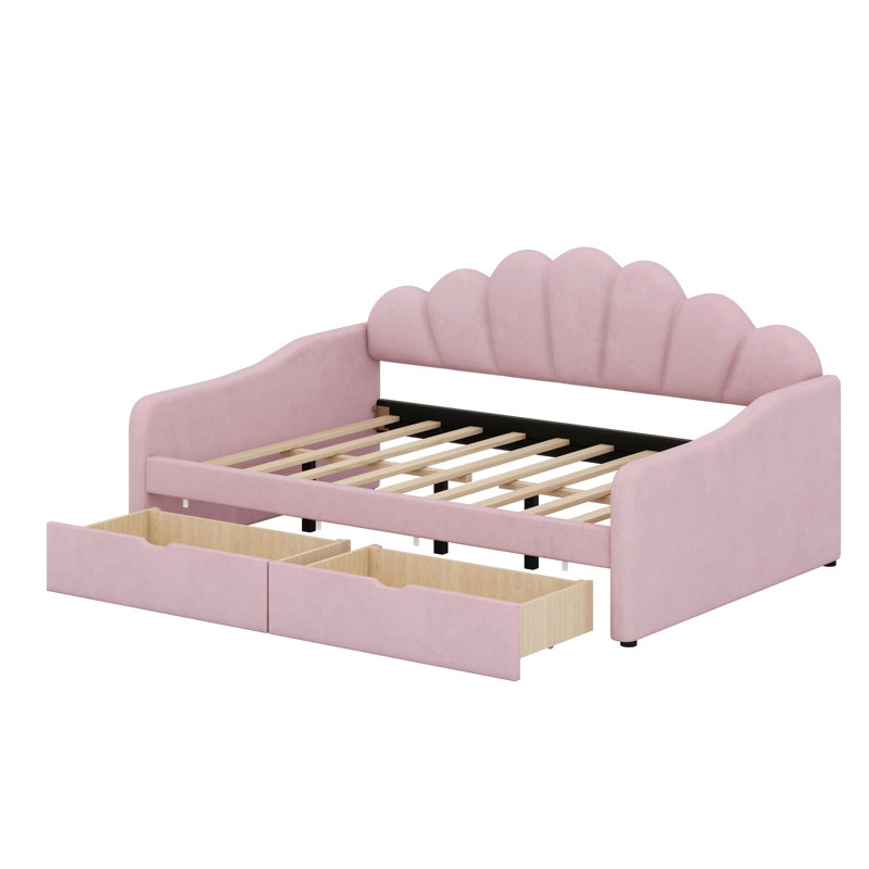 Structure de lit de jour rembourré avec dossier en forme de coquillage et tiroirs intégrés, Rose