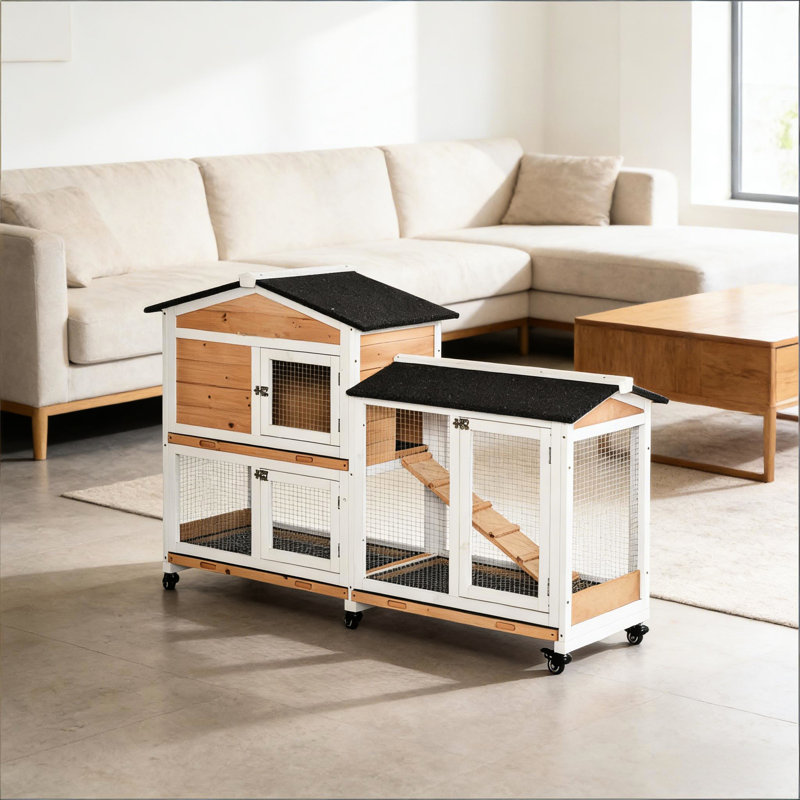 Cage pour animaux, clapier mobile en bois, Noir / blanc / jaune