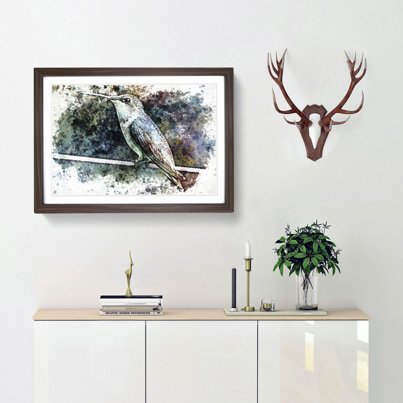 Hummingbird Bird on a Wire in Abstract - Picture Frame Painting Print, 27cm H x 36cm W x 2cm D, Walnut Framed