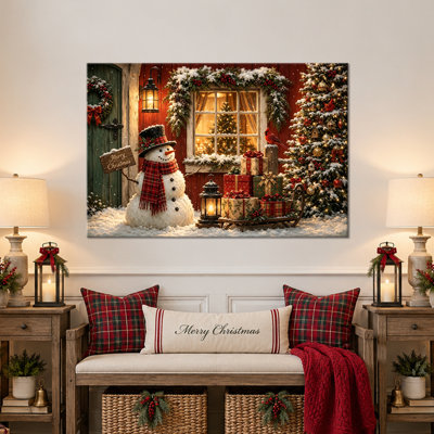 Décoration murale de Noël, œuvre d'art de Noël, toile murale de Noël, tableau de Noël sur toile tendue, décoration murale hivernale avec bonhomme de neige et cadeaux, galerie de toile de Noël de qualité pour salon et entrée, 91 x 122 cm