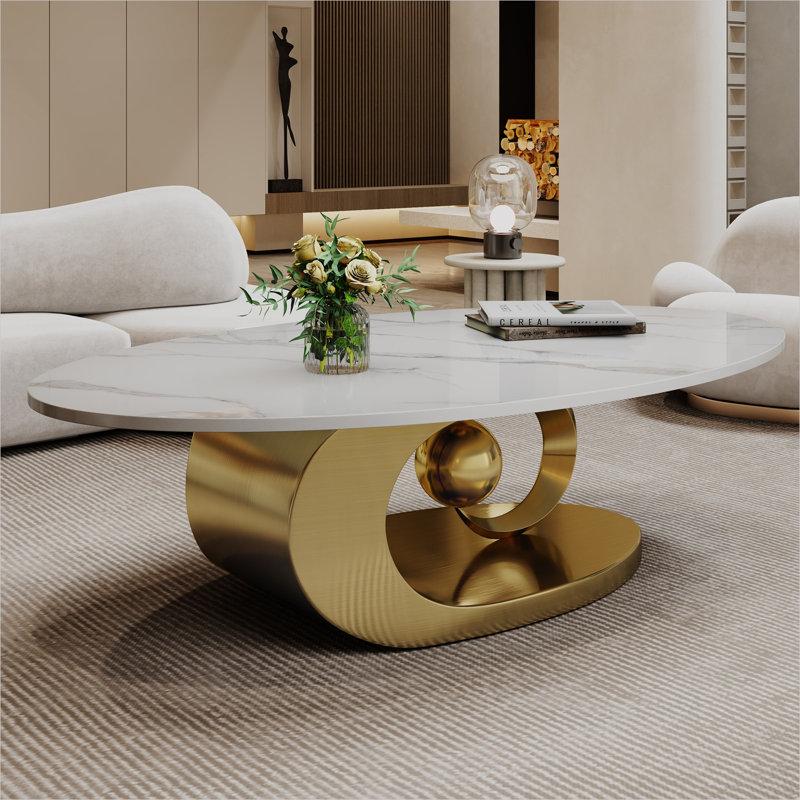 Table basse rectangulaire en pierre frittée avec base sculpturale dorée, blanc classique, centre de table de salon contemporain