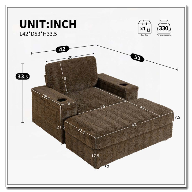 42" Oversized Upholstered  Sleeper Chair Chaise Lounge with Storage Ottoman and Armrests,Cup Holders, Brown