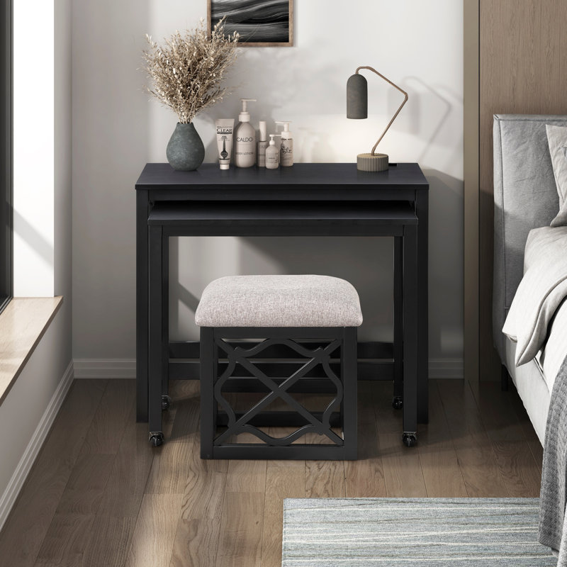 Ensemble de bureau et tabouret avec bureau à roulettes 3 pièces avec roulettes et 2 ports de chargement, Noir