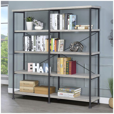 Grey Driftwood And Black Double-Wide Bookcase