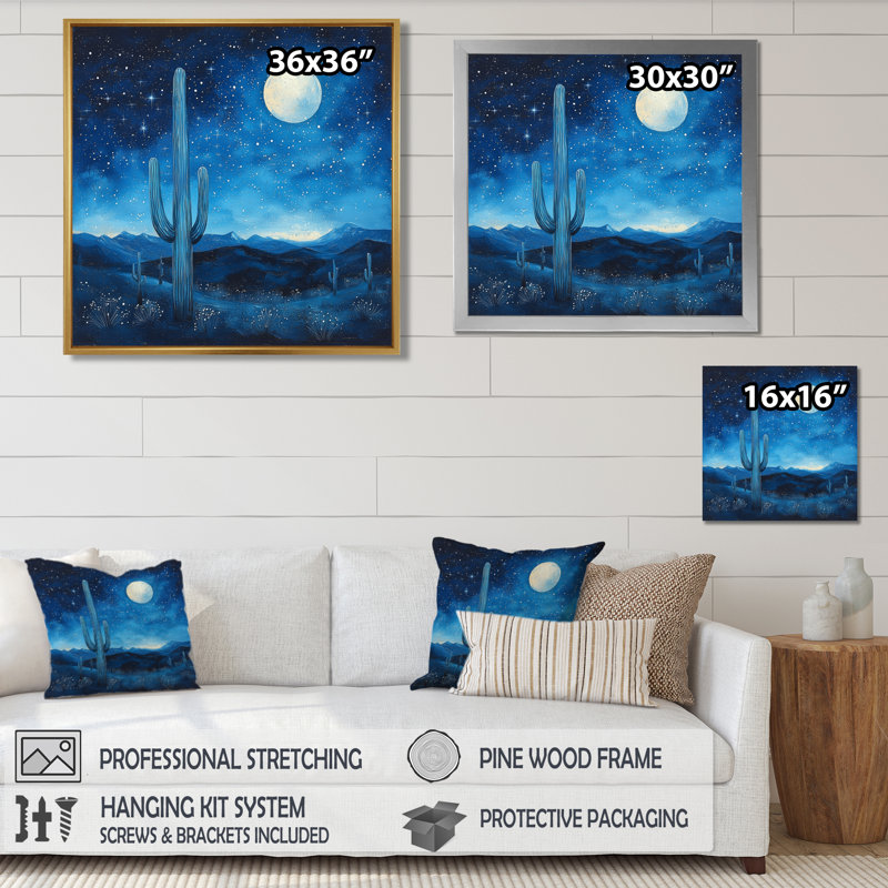 Saguaro cactus sous les étoiles III - art mural cactus, Impression encadrée flottante, H 36 po x l 36 po, Doré