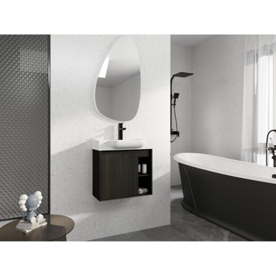 Meuble-lavabo de 24 po avec lavabo en céramique blanc, porte à fermeture en douceur, chêne foncé, surface, 45 poignées à bords inclinés, esthétique moderne