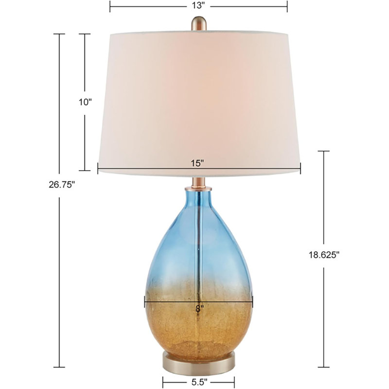 Set Of 2 Modern Table Lamps With Ombre Crackled Glass Base, Tapered Drum Shade, And Rotary On/Off Switch, Perfect For Bedside Or Study Lighting