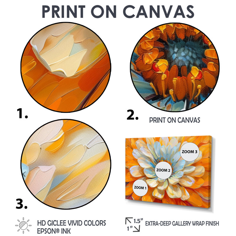 Blanc, pissenlit, orange, rayonnant, fleur, pissenlit, art mural, salon, Toile tendue, H 40 po x l 60 po