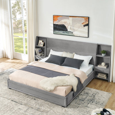 King Size Modern Storage Platform Bed Frame, Glossy Velvet Headboard with Side Bookcases & Drawer, Mattress Excluded-Gray