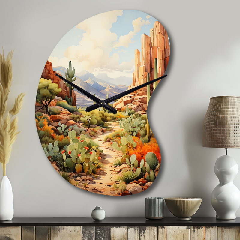 Mexique Cactus Oasis Impasto I - Grande horloge murale corail - forme unique, Petit