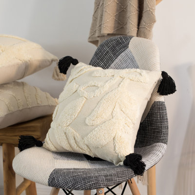 16" Handwoven Cotton Throw Pillow Cover with White Tufted Stem Pattern and Black Tassel Corners with Filler and Cushion, White
