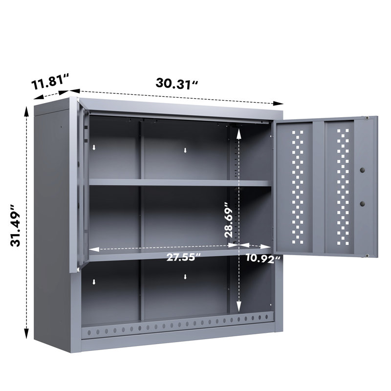 29.76" H Gray Steel Garage Cabinet With Door, Wall - Mounted For Kitchens, Basements, Warehouses, Quick Setup, Flexible Shelf Customization Tool H, Metal Removable Shelves, Smooth Opening Hinge System