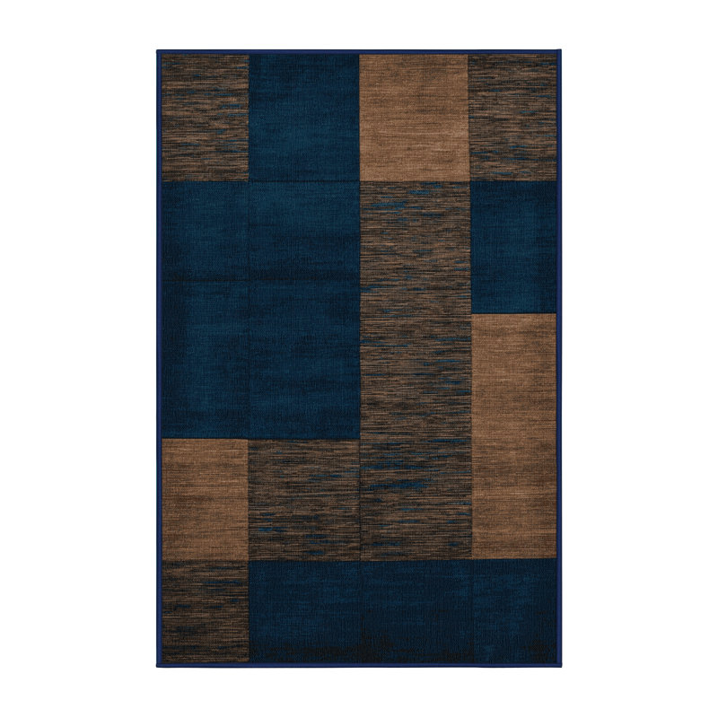 Tapis bleu à carreaux lavable à la machine, Rectangle 7 pi x 9 pi