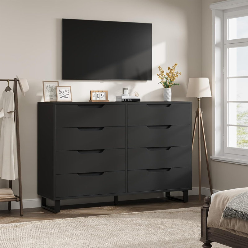 Farmhouse TV Stand with 8 Drawers Storage for 75inch, White 55in Wide Entertainment Center with Sturdy Metal Legs, Wooden Storage Cabinet for Living Room Bedroom Entryway