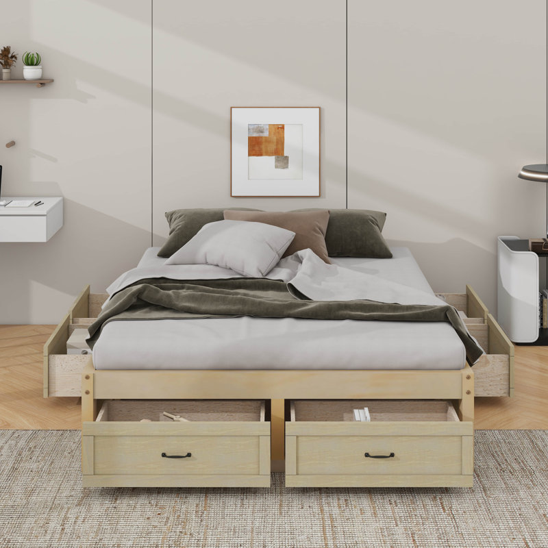 Grand lit plateforme avec 6 tiroirs, Naturel antique