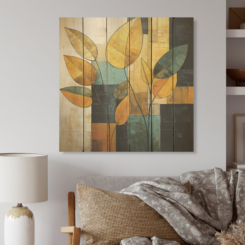 Feuillage géométrique doré - Feuilles de bois, art mural sur bois de pin naturel, H 25 po x l 25 po