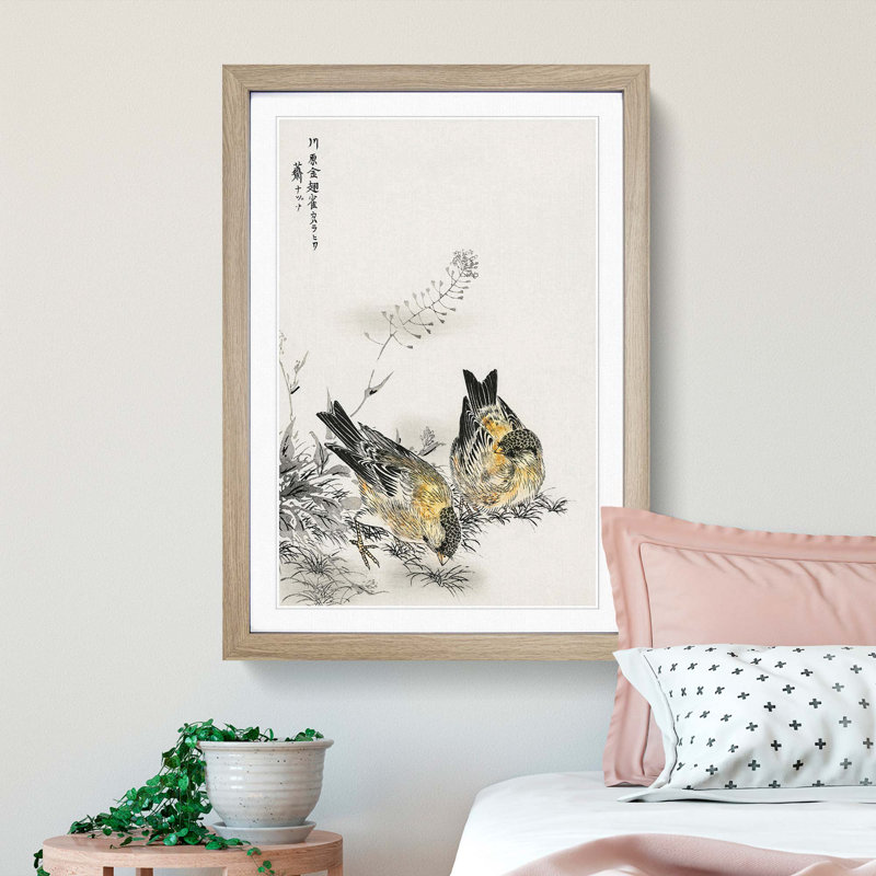 Two Japanese Greenfinch Birds by Numata Kashu - Picture Frame Painting Print, Oak Framed, 48cm H x 36cm W x 2cm D