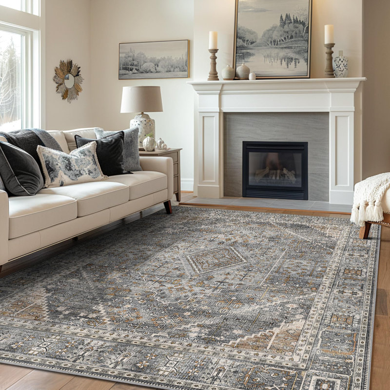 Oriental Area Rug, Washable Low Pile Vintage Area Rug, Rectangle 120 x 170 cm