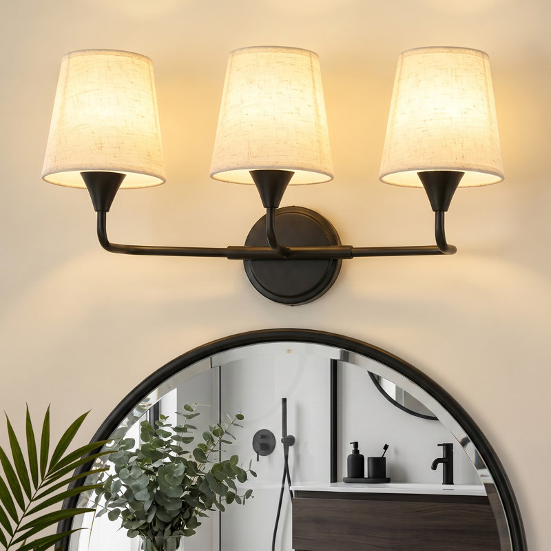Luminaire de salle de bain 3 lumières à intensité variable moderne avec abat-jour en lin, Matte Black