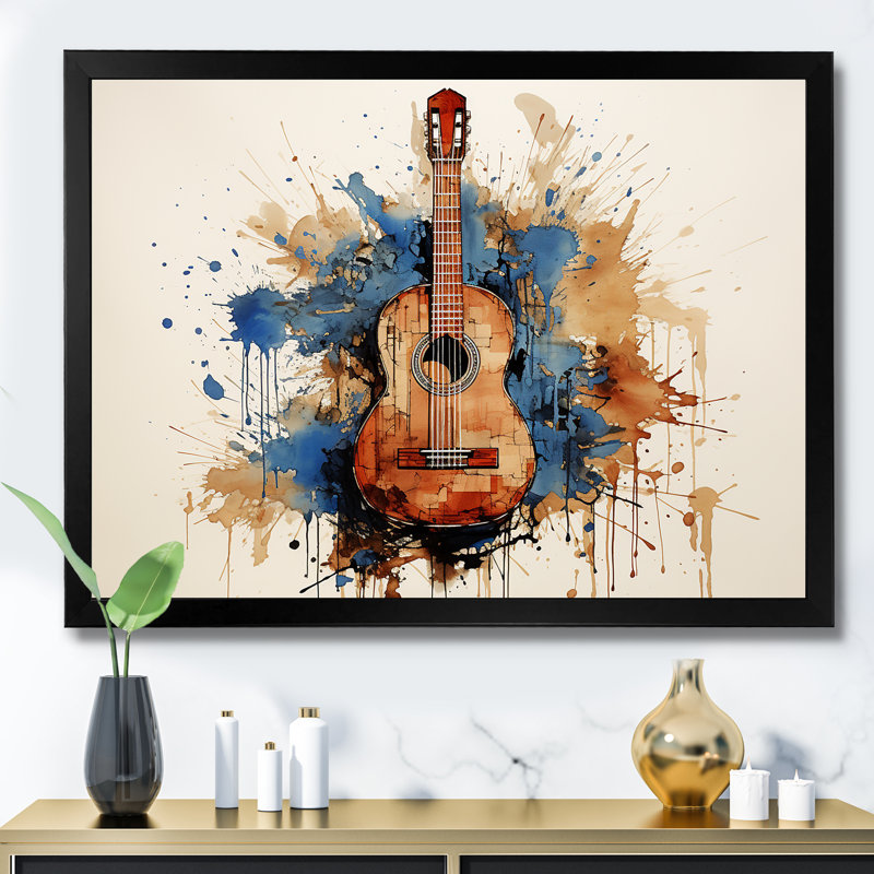 Earthy Brown, guitare mélodique - musique sur toile, Cadre d'angle fermé noir, H 34 po x l 44 po x P 1,5 po