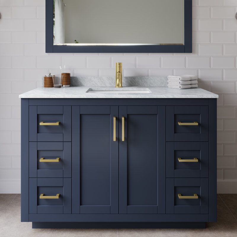Miranda 48" Freestanding Single Bathroom Vanity with Marble Top with 46" Mirror, Dark Blue, Brushed Gold