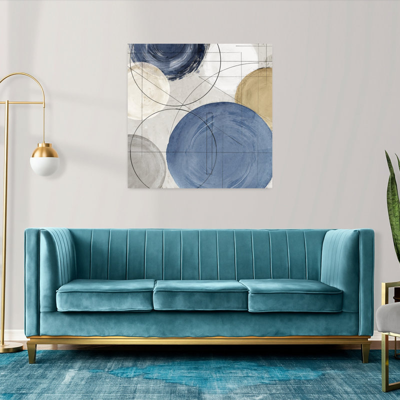 «Geometric Harmony» en bleu et or I, art mural contemporain abstrait, H 36 po x l 36 po