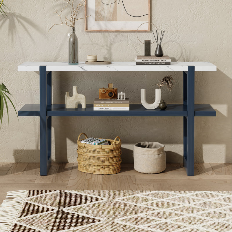 Console étroite avec plateau en marbre, table de hall d'entrée rétro avec tablette ouverte, table de canapé pour le vestibule, le couloir et le salon (bleu marine)