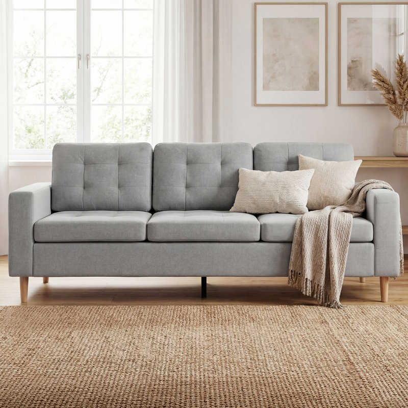 3 Seater Fabric Sofa, Light Gray, Natural Wood