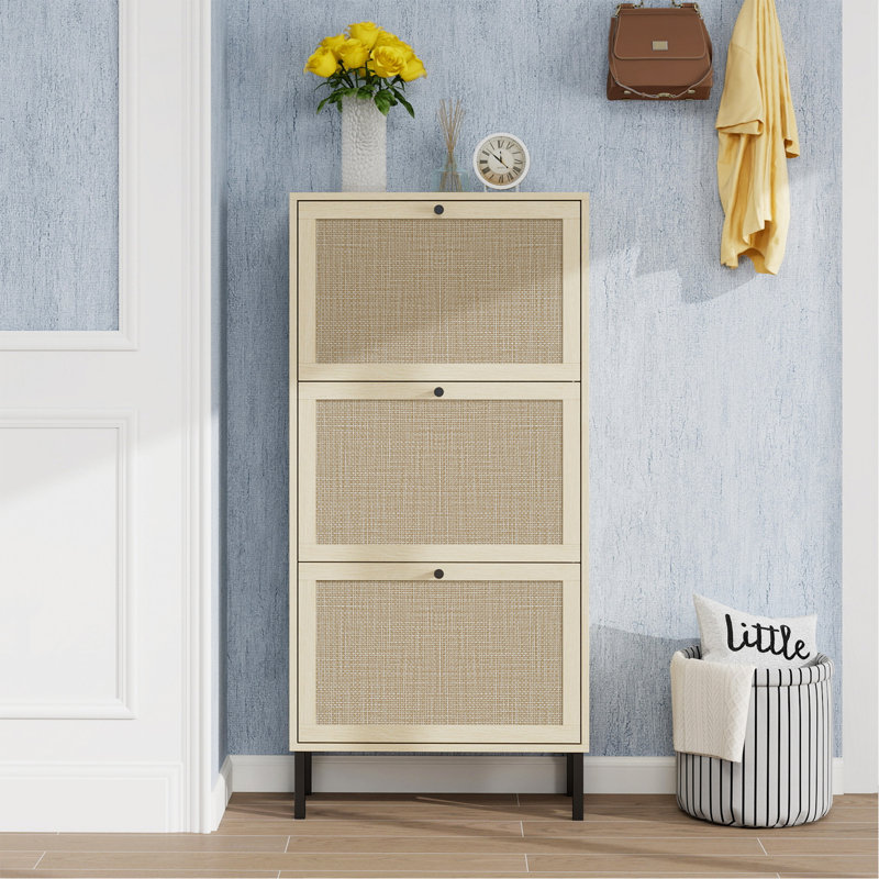 Rattan 3 Door Shoe Rack, Freestanding Modern Shoe Storage Cabinet, for Entryway, Natural