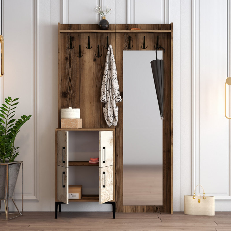 Stockton Hall Tree 120.3cm Wide with Shoe Storage, Walnut/White Marble