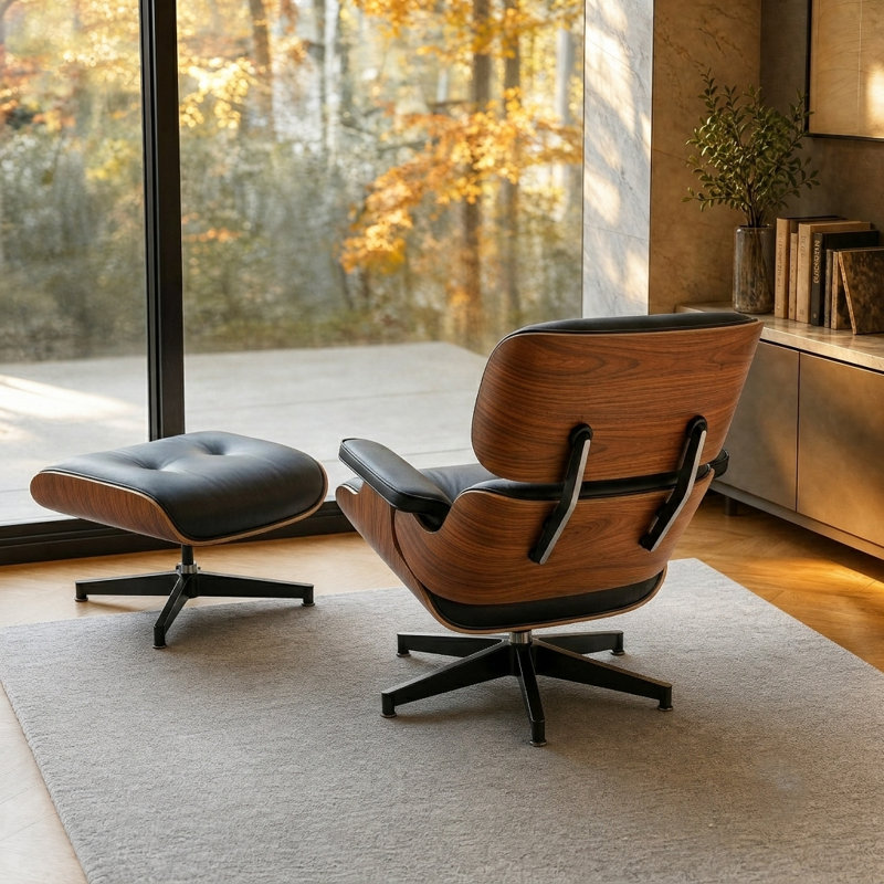 Chaise longue en cuir véritable de qualité supérieure avec structure en bois massif, pieds en acier, dispositif d'inclinaison et repose-pieds