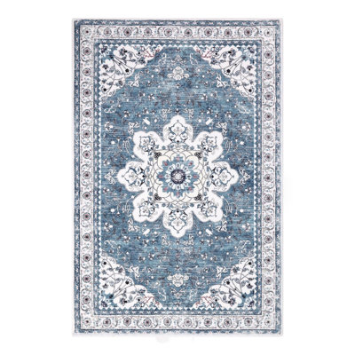 Machine Washable Non-Slip Blue Oriental Area Rug